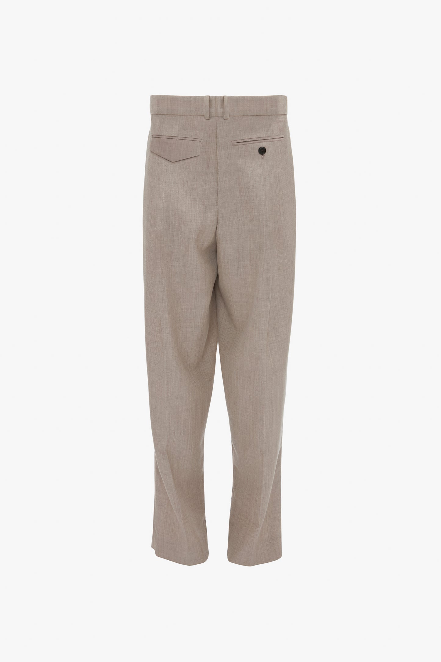 Beige Reverse Front Trouser In Sesame, featuring two back welt pockets—one with a button, displayed from the back. Perfect for the modern woman seeking versatile styling by Victoria Beckham.
