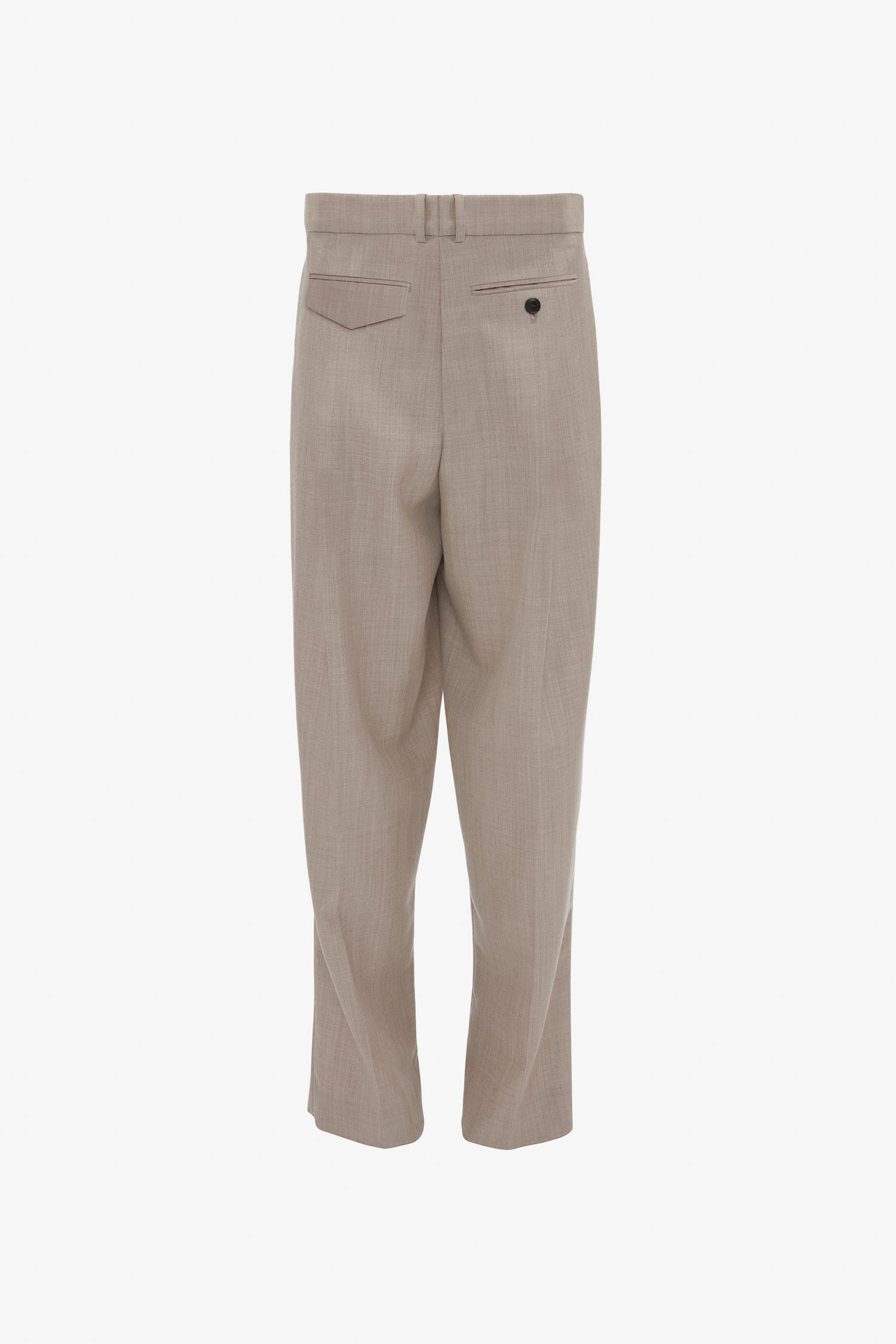 Beige Reverse Front Trouser In Sesame, featuring two back welt pockets—one with a button, displayed from the back. Perfect for the modern woman seeking versatile styling by Victoria Beckham.