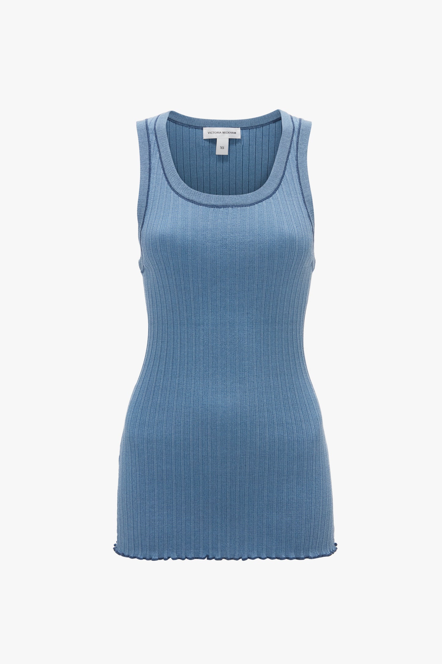 A sleeveless, ribbed, Fine Knit Micro Stripe Tank In Heritage Blue by Victoria Beckham with a crew neckline, reminiscent of Victoria Beckham's sophisticated style, displayed on a plain white background.