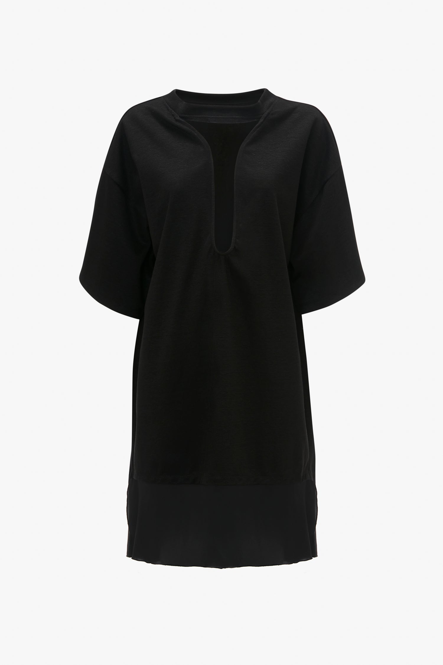 A Frame Cut-Out T-Shirt Dress In Black by Victoria Beckham in bonded linen jersey with a V-shaped neckline and a loose, flowing fit.