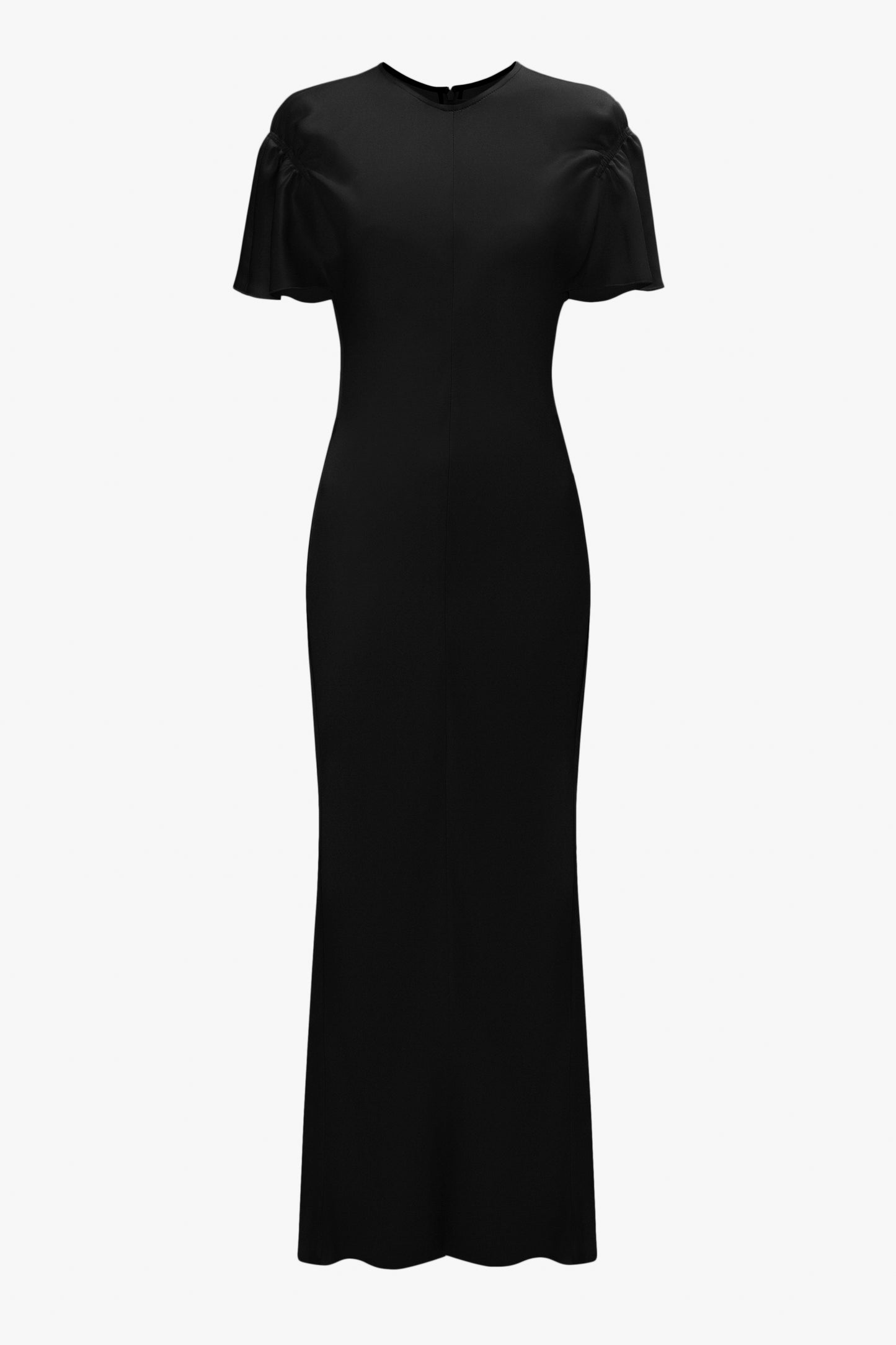 A black floor-length dress featuring short puff sleeves and a fitted silhouette, crafted from luxurious crepe back satin, displayed against a white background is the Gathered Sleeve Midi Dress In Black by Victoria Beckham.