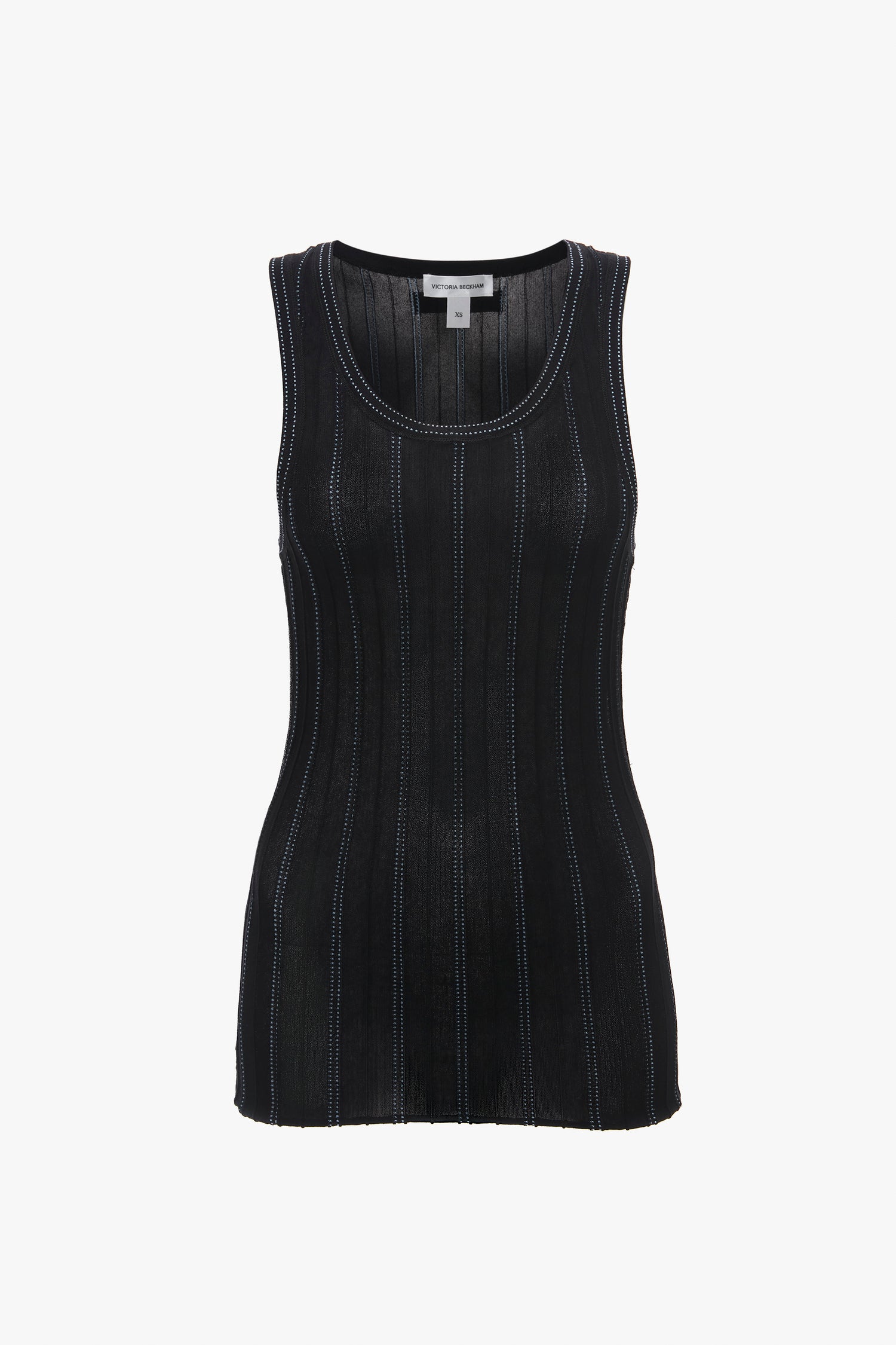 A Victoria Beckham Fine Knit Vertical Stripe Tank In Black-Blue on a white background.