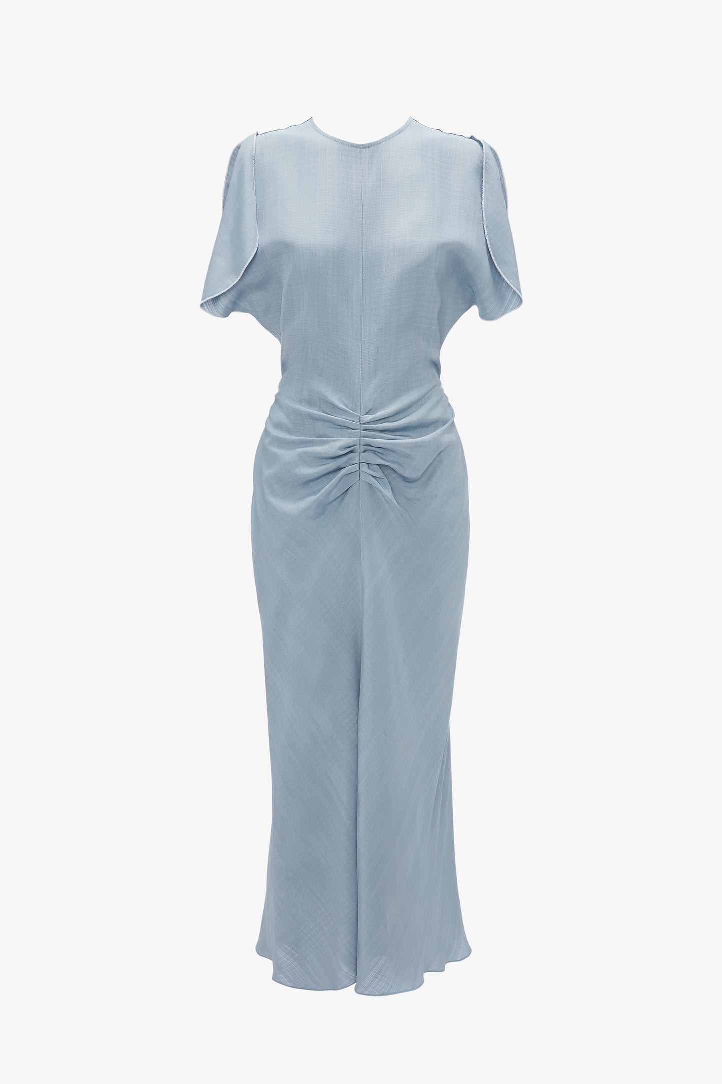 A light blue, knee-length Exclusive Gathered Waist Midi Dress In Pebble by Victoria Beckham with short sleeves and a gathered waist, isolated on a white background.