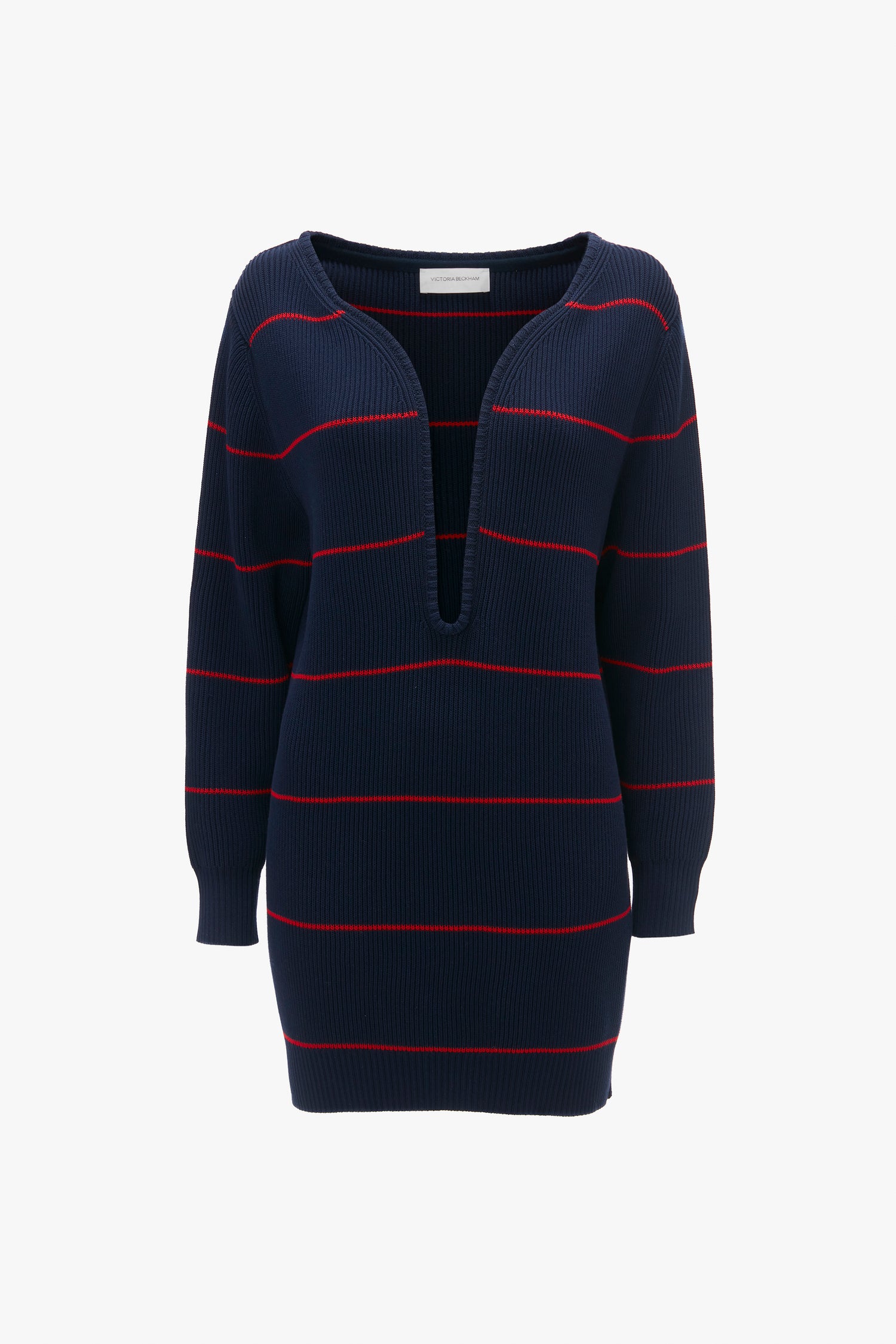A Victoria Beckham Frame Detail Jumper Dress In Navy-Red, perfect for the SS24 runway.