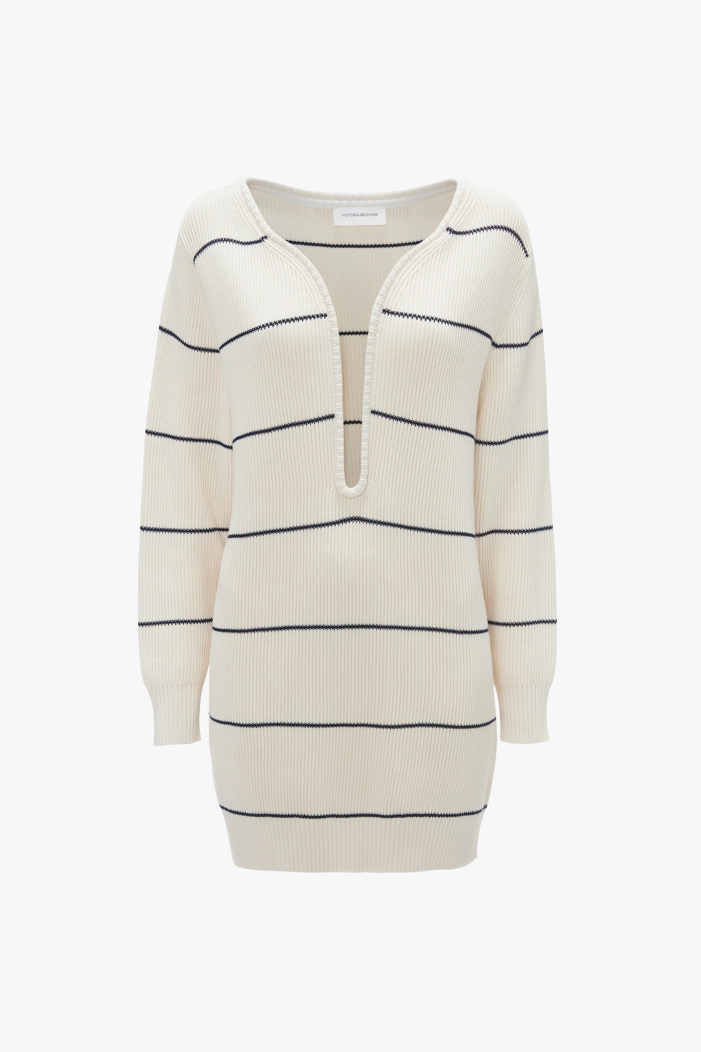 A Victoria Beckham Frame Detail Jumper Dress In Natural-Navy with black horizontal stripes and a deep, directional curved V-neckline crafted in a mid-weight knit.