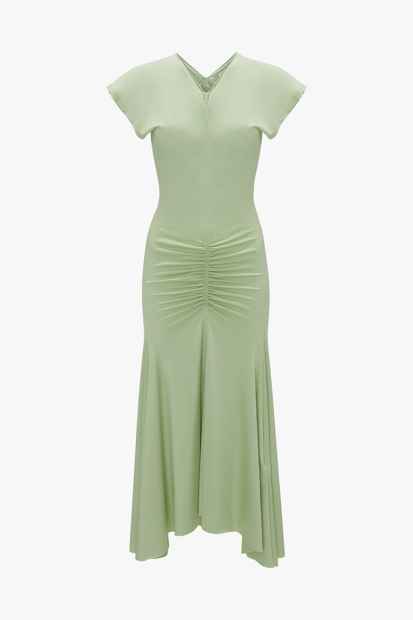 A pale green Sleeveless Rouched Jersey Dress In Pistachio by Victoria Beckham, with a v-neckline, and gathered waist, displayed on a white background.