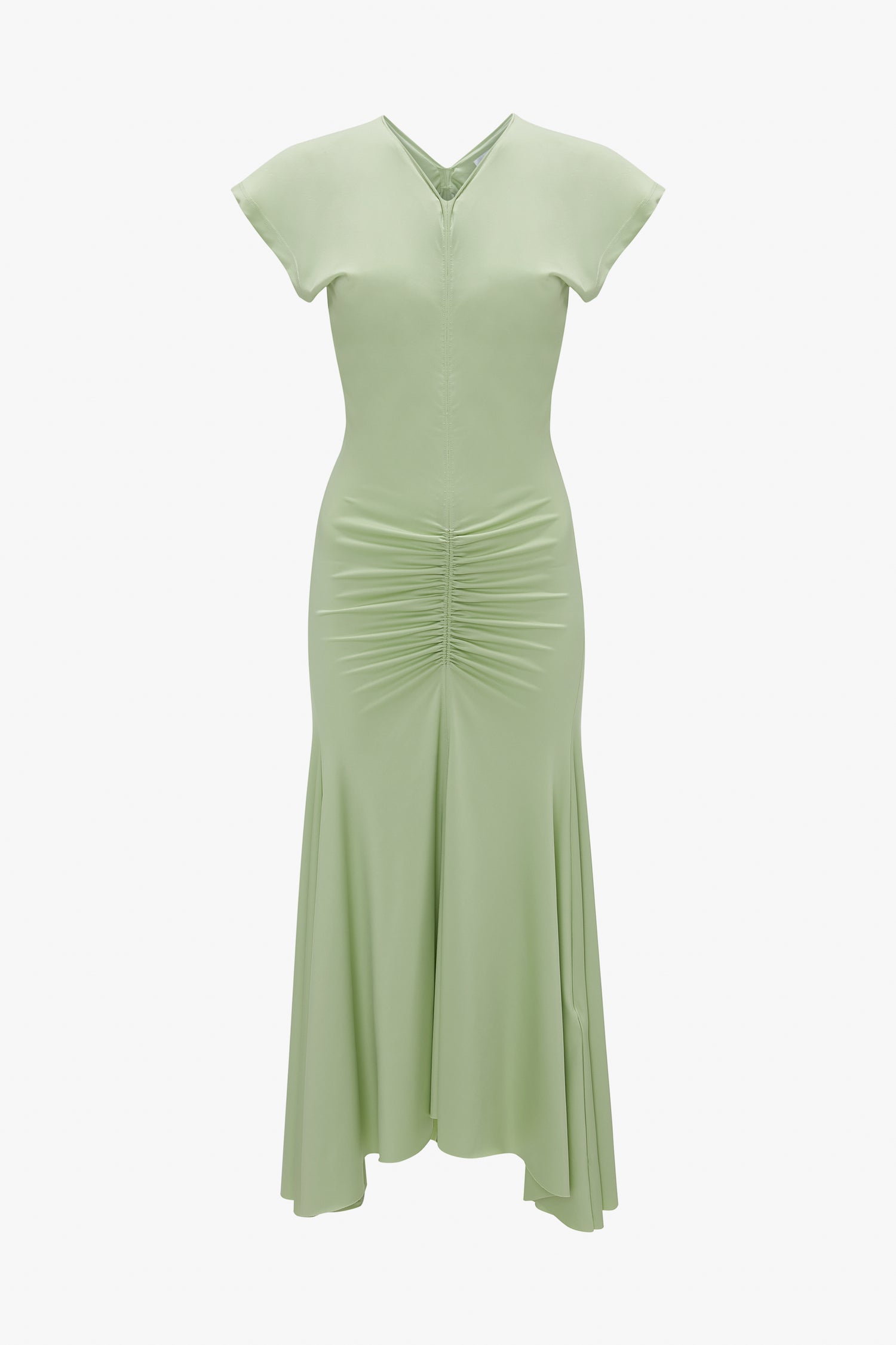 A pale green Sleeveless Rouched Jersey Dress In Pistachio by Victoria Beckham, with a v-neckline, and gathered waist, displayed on a white background.