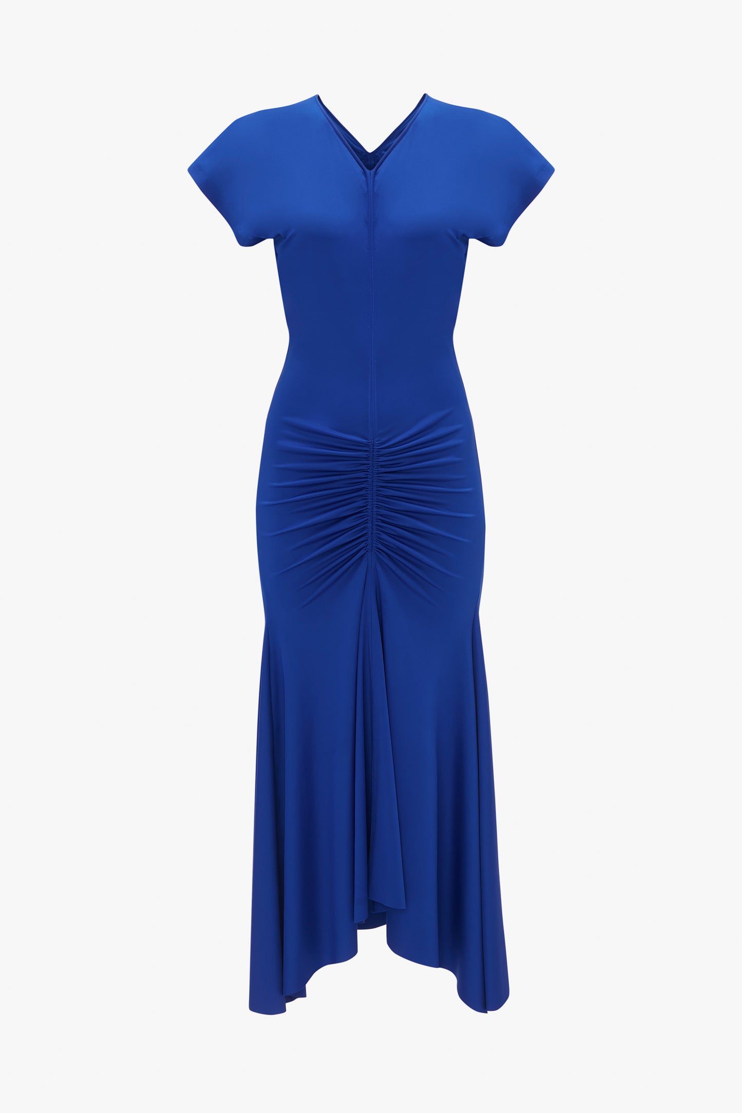 Victoria Beckham's sleeveless rouched jersey dress in royal blue, with a v-neckline and gathered detailing at the waist, displayed on a plain white background.