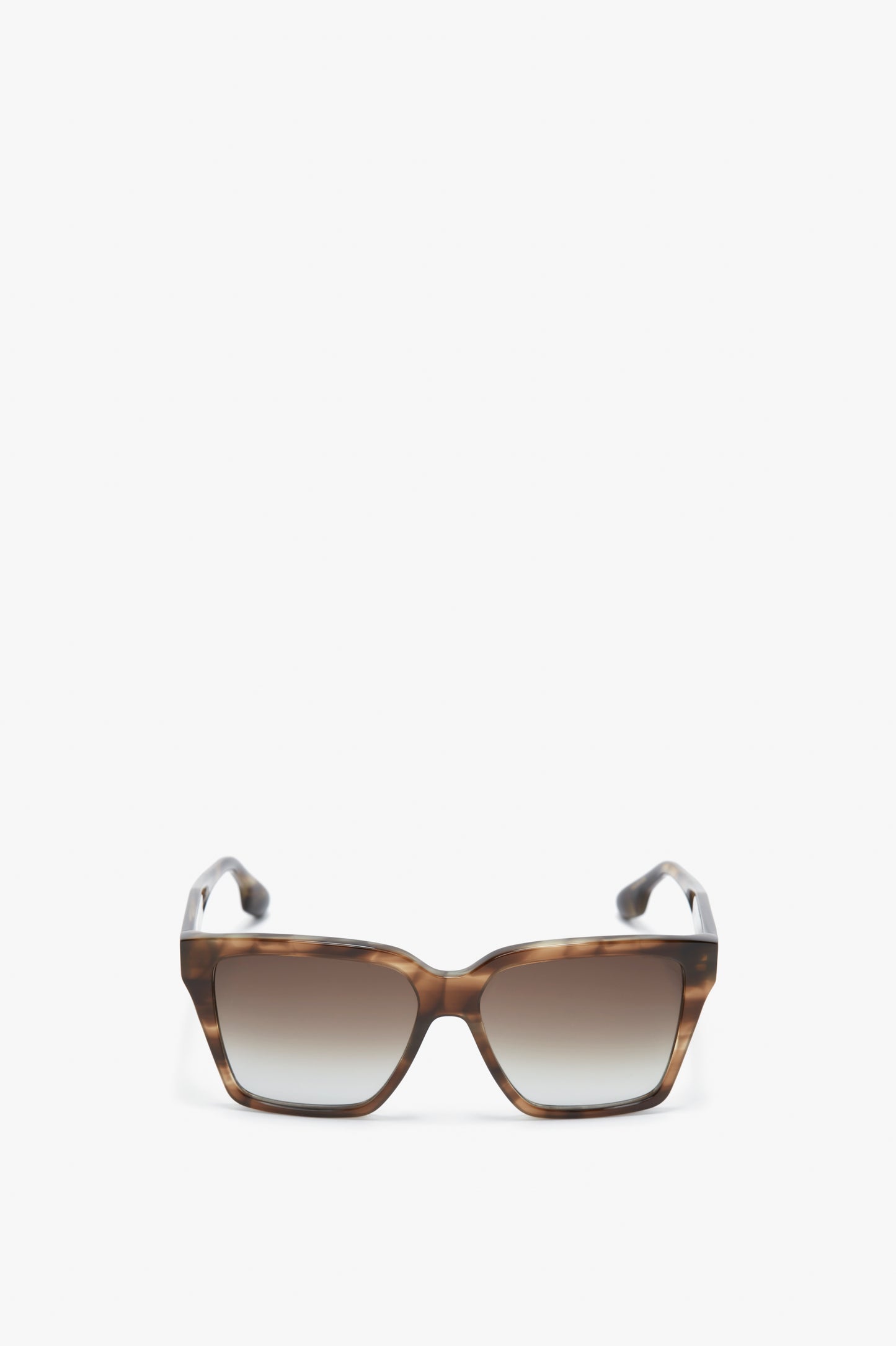 A pair of Soft Square Frame Sunglasses In Striped Khaki Havana with gradient lenses, designed by Victoria Beckham, set on a white background.