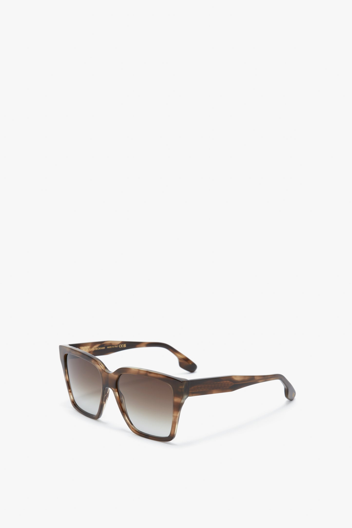 Brown tortoiseshell Soft Square Frame Sunglasses In Striped Khaki Havana by Victoria Beckham with gradient lenses, set against a plain white background.