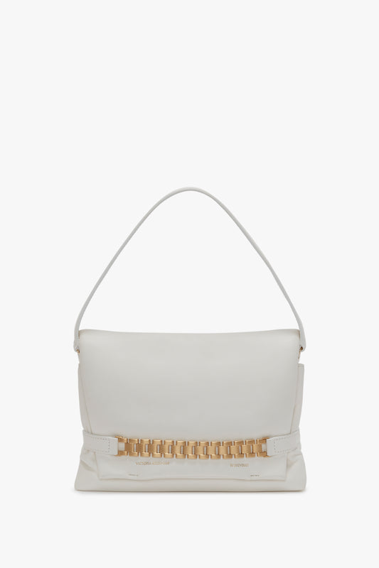 Puffy Chain Pouch With Strap In White Leather
