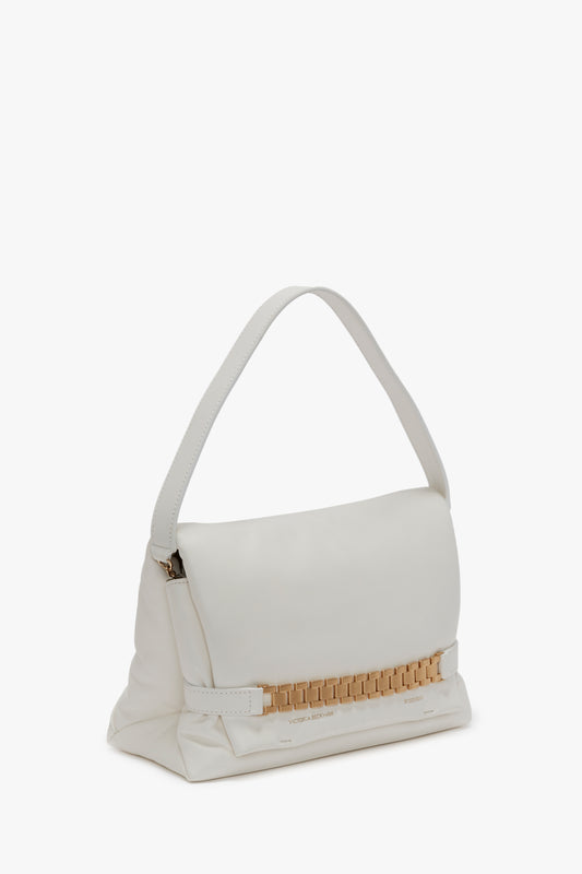 Puffy Chain Pouch With Strap In White Leather