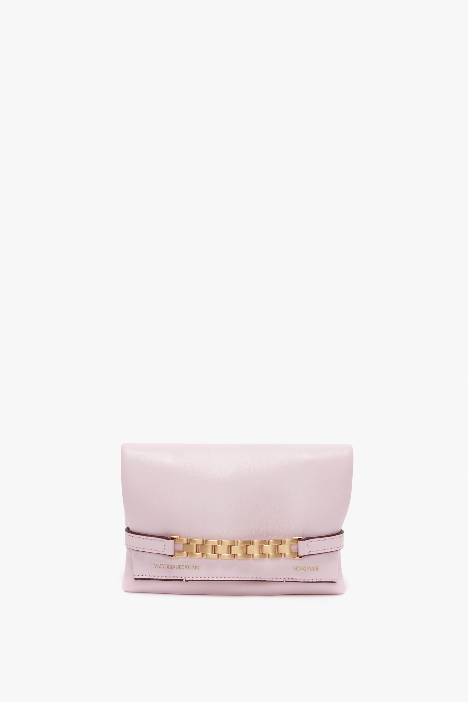 A Victoria Beckham Mini Chain Pouch Bag With Long Strap In Orchid Leather, placed against a plain white background.