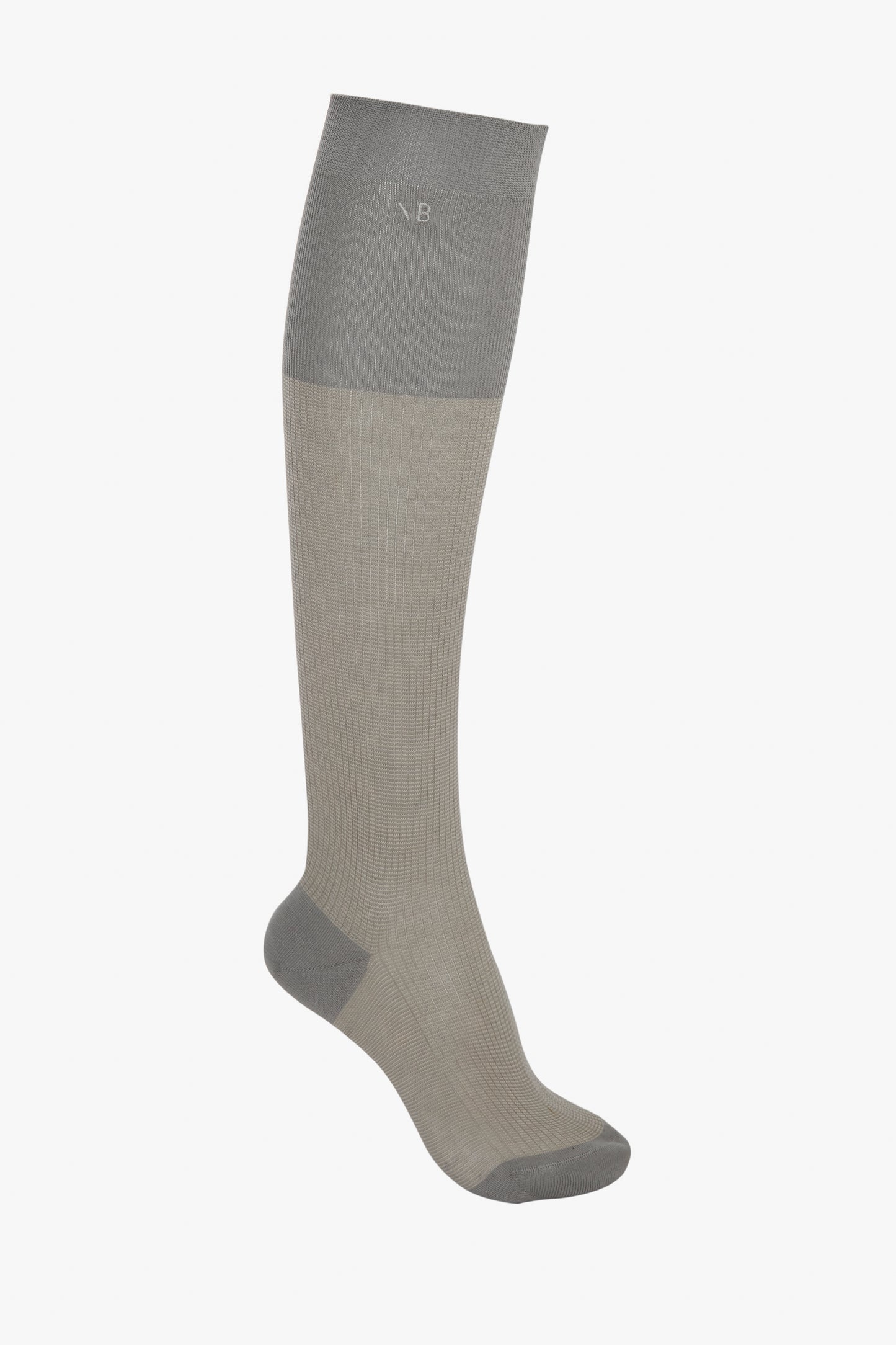 The Victoria Beckham Superfine Rib Socks In Lunar Grey are a single grey knee-high sock with a darker toe, heel, and top band on a white background. Crafted from 100% cotton, this elevated wardrobe essential offers comfort and style for any occasion.