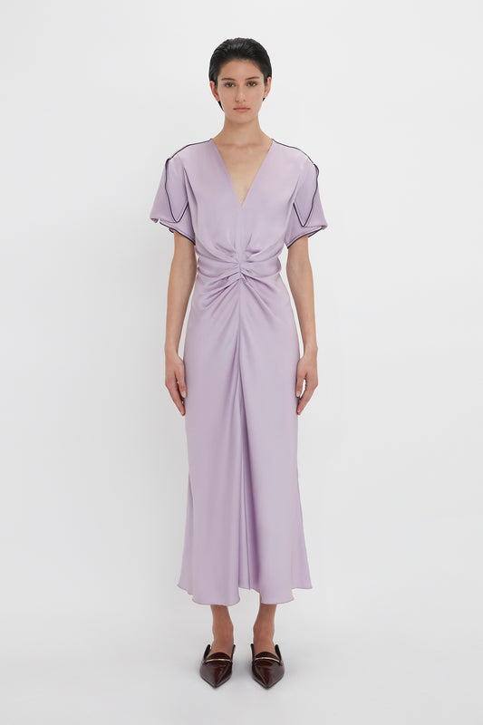 Gathered V-Neck Midi Dress In Petunia