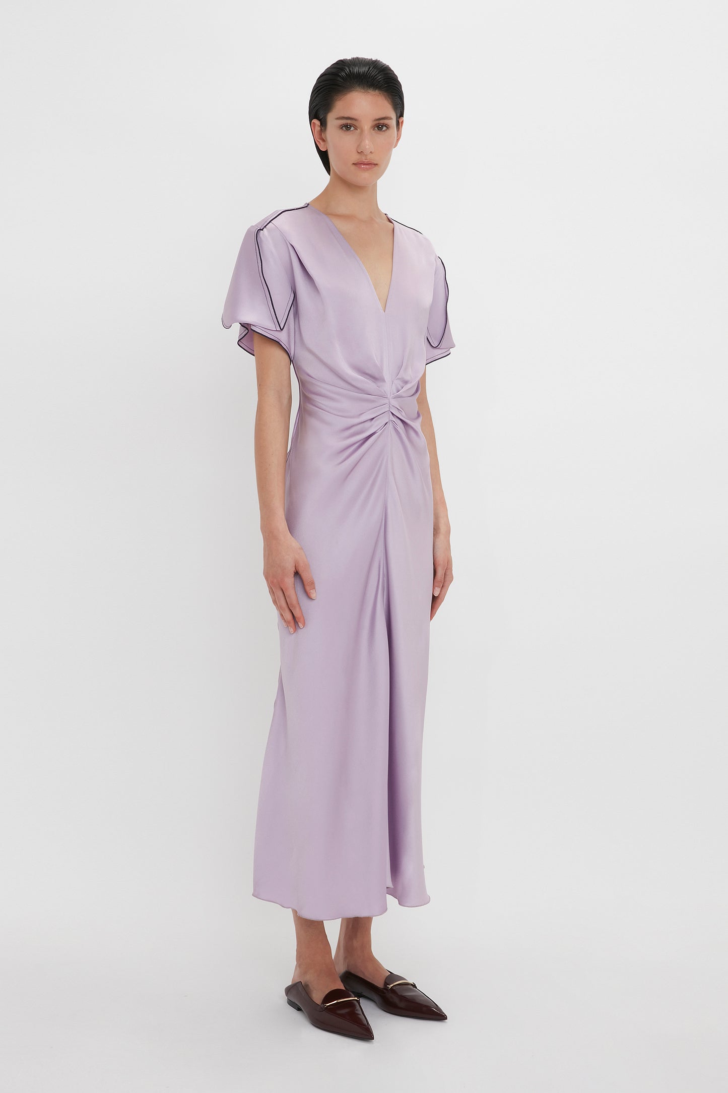 Gathered V-Neck Midi Dress In Petunia