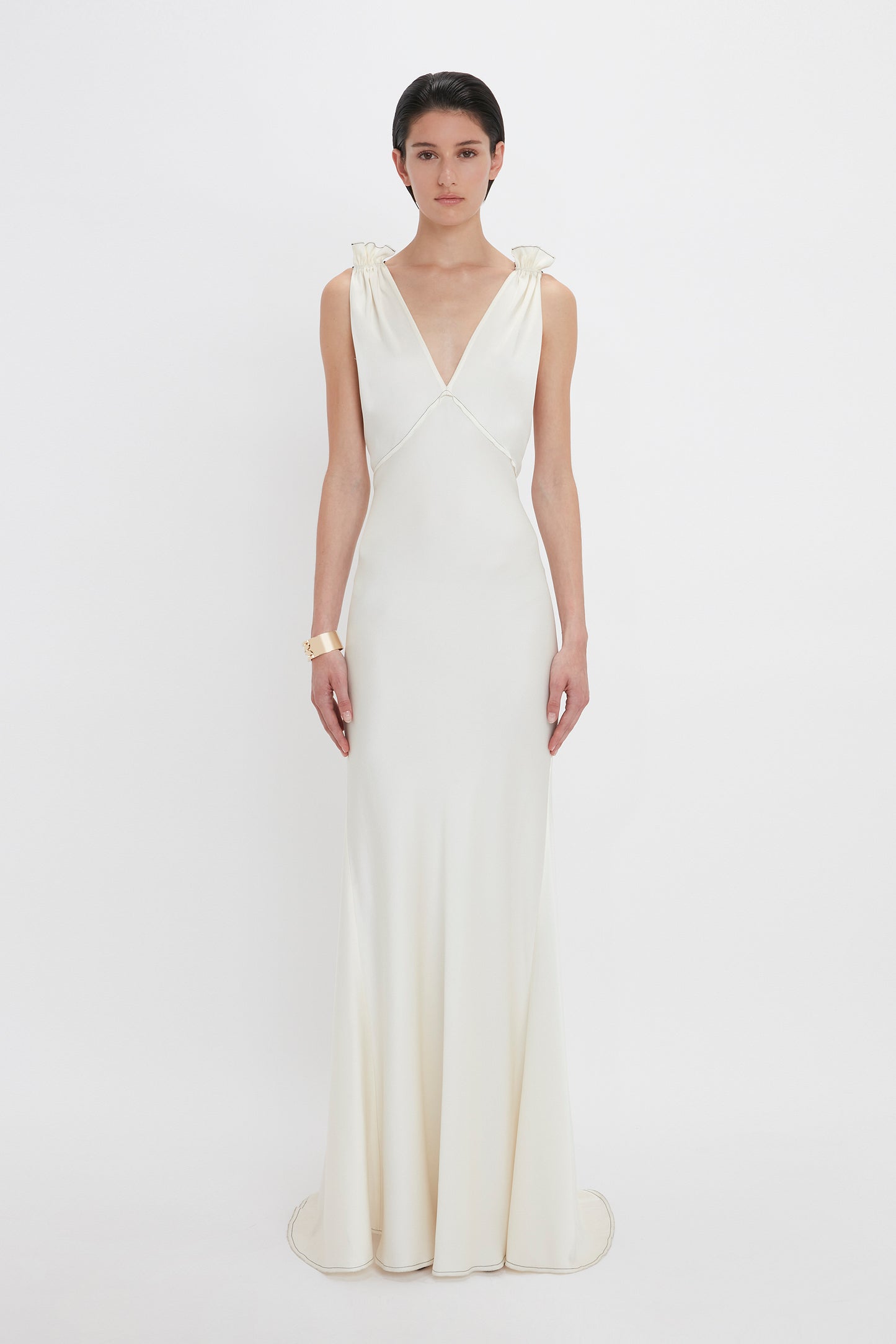 Gathered Shoulder Floor-Length Cami Gown In Ivory