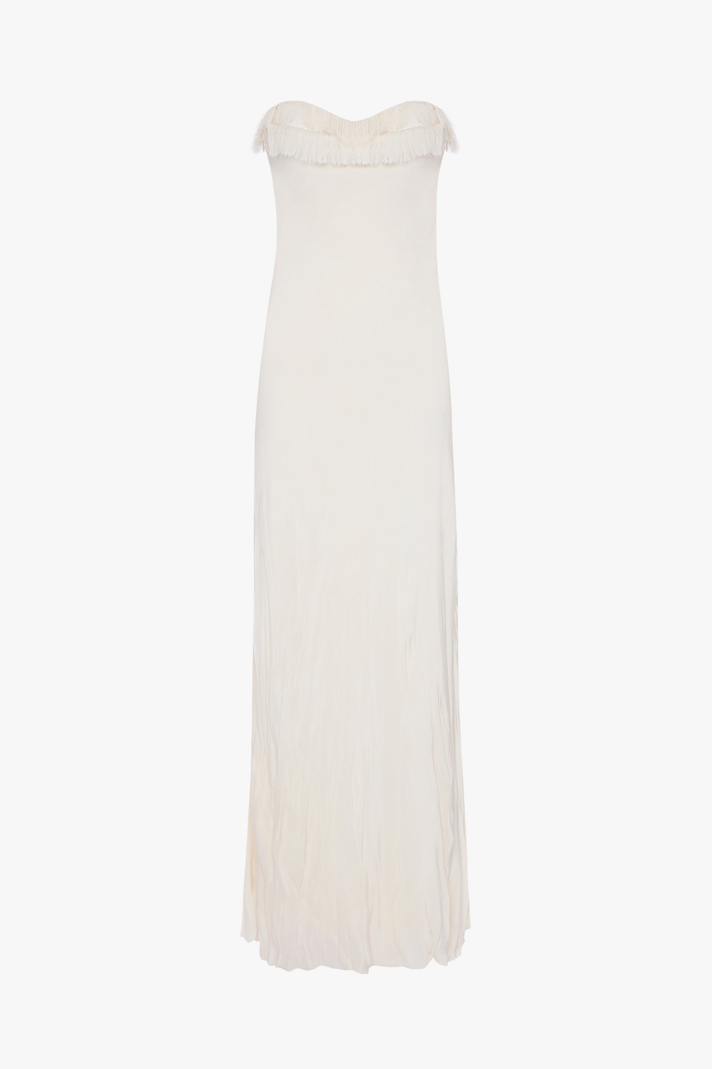 A plain white Exclusive Floor-Length Corset Detail Gown In Ivory with a crease-effect skirt, displayed against a white background by Victoria Beckham.