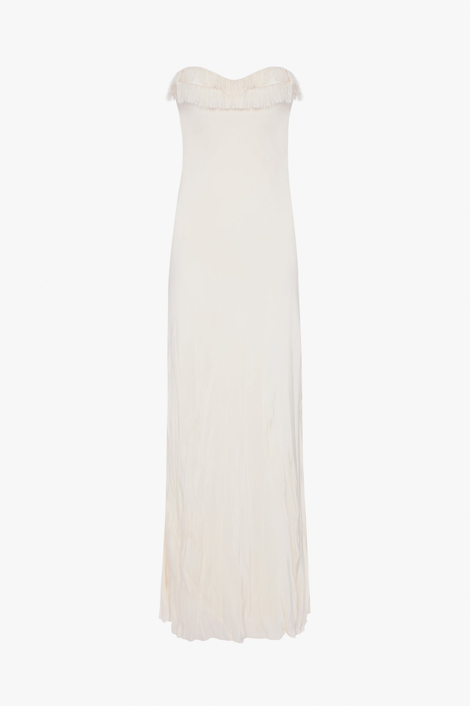 A plain white Exclusive Floor-Length Corset Detail Gown In Ivory with a crease-effect skirt, displayed against a white background by Victoria Beckham.