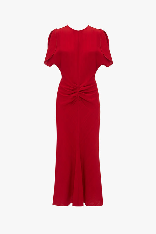 Exclusive Gathered V-Neck Midi Dress In Carmine by Victoria Beckham, with short sleeves and a gathered waist, displayed against a white background.