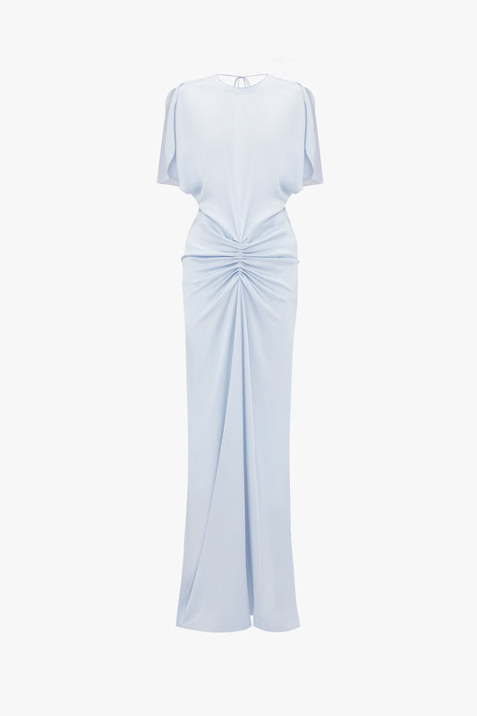 Light blue, Exclusive Floor-Length Gathered Dress In Ice by Victoria Beckham with a waist-defining silhouette, featuring an open back and short sleeves.