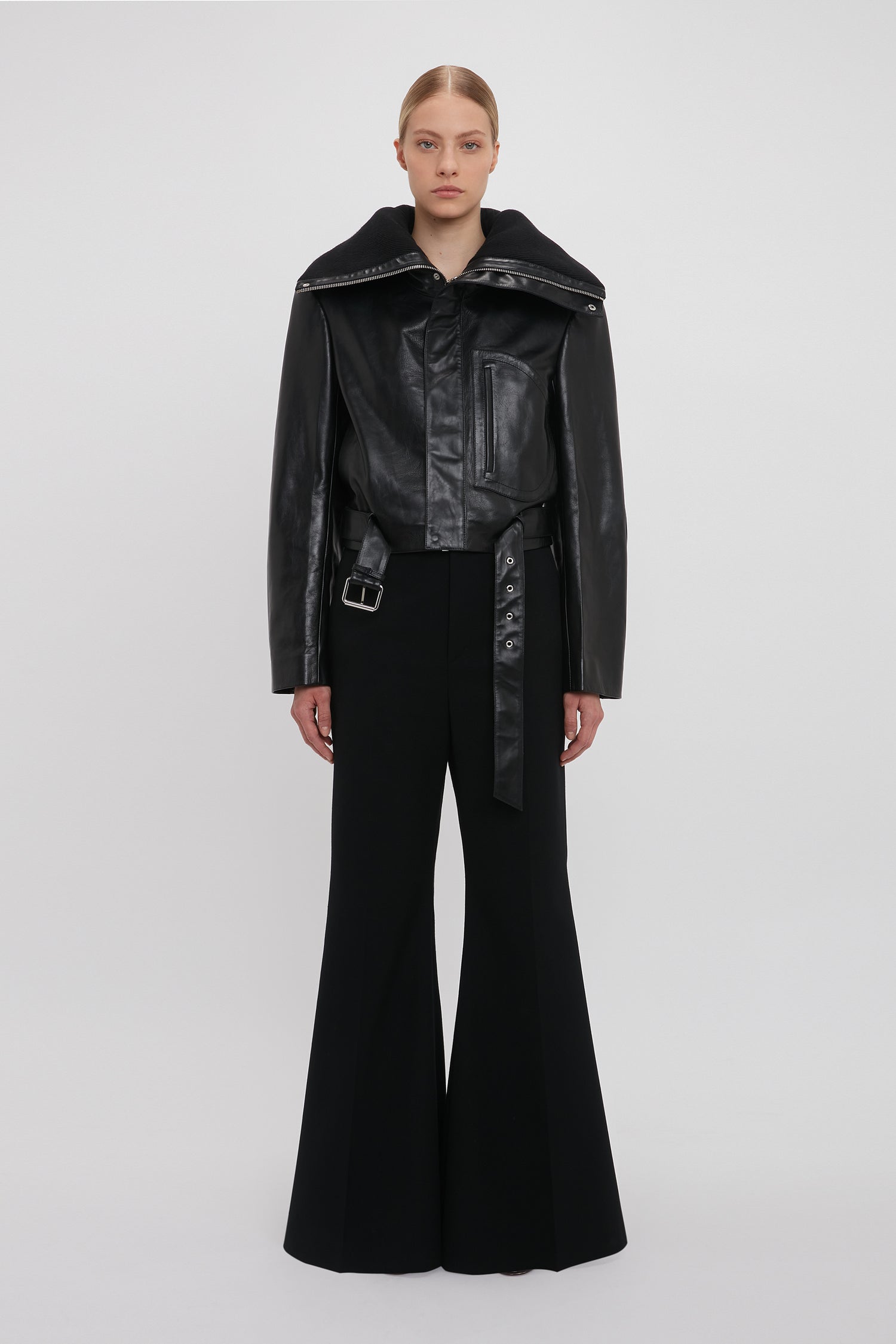 Cropped Belted Leather Biker Jacket In Black Designer Leather