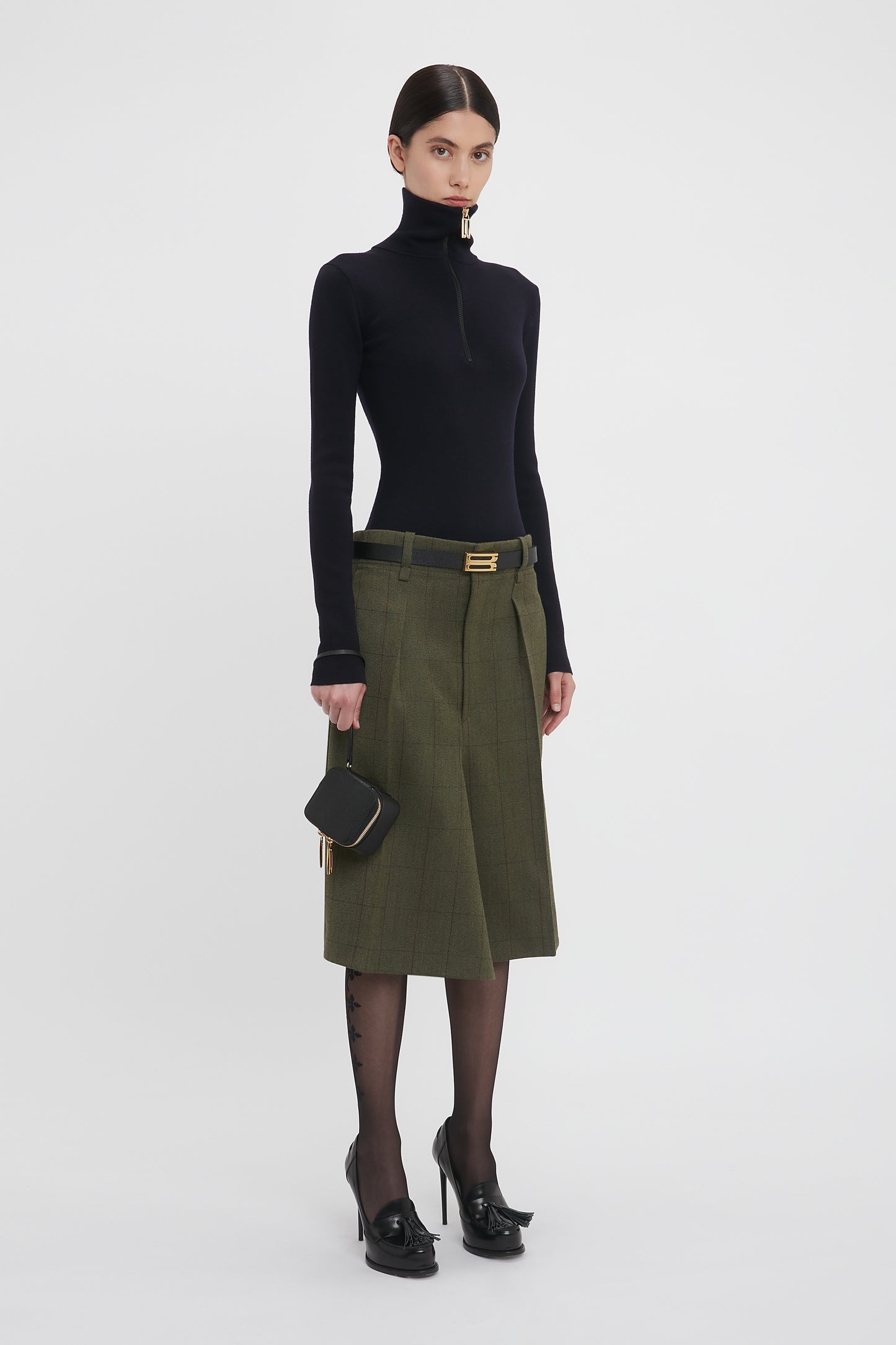 Asymmetric Tailored Skirt In Dark Fern Check