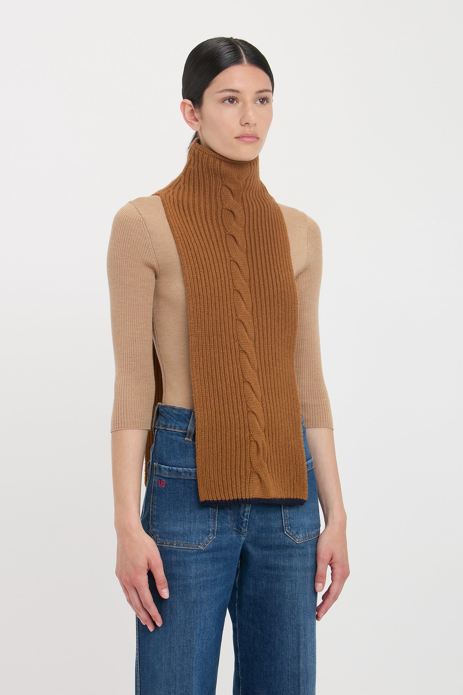 Knitted Polo Neck Scarf In Camel Navy