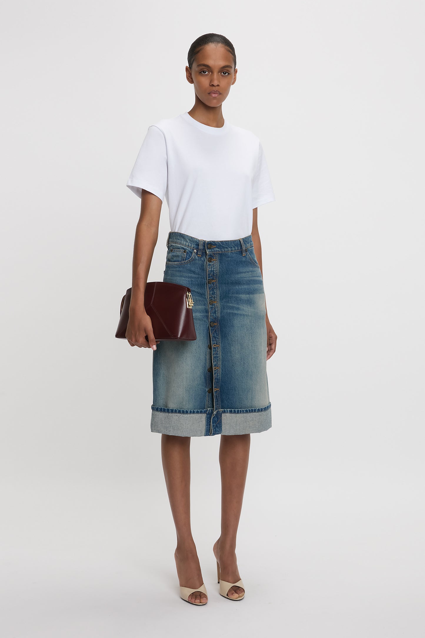 Placket Detail Denim Skirt In Heavy Vintage Indigo Wash Victoria Beckham UK