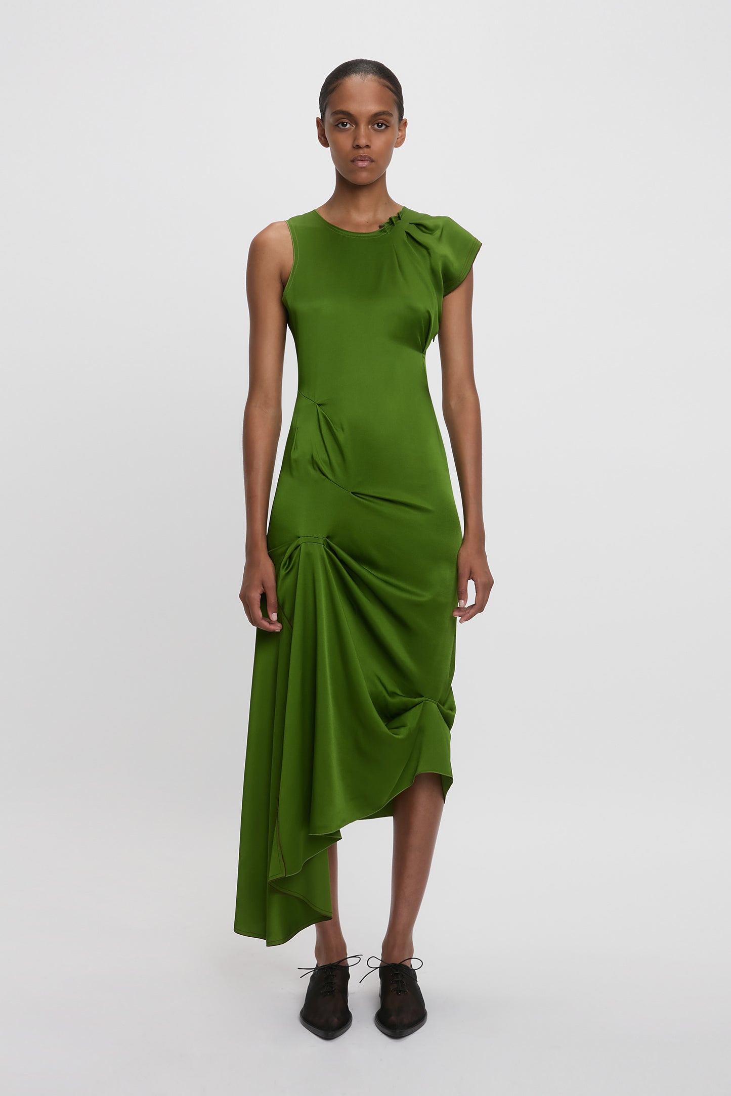 Draped Tuck Detail Midi Dress in Algae