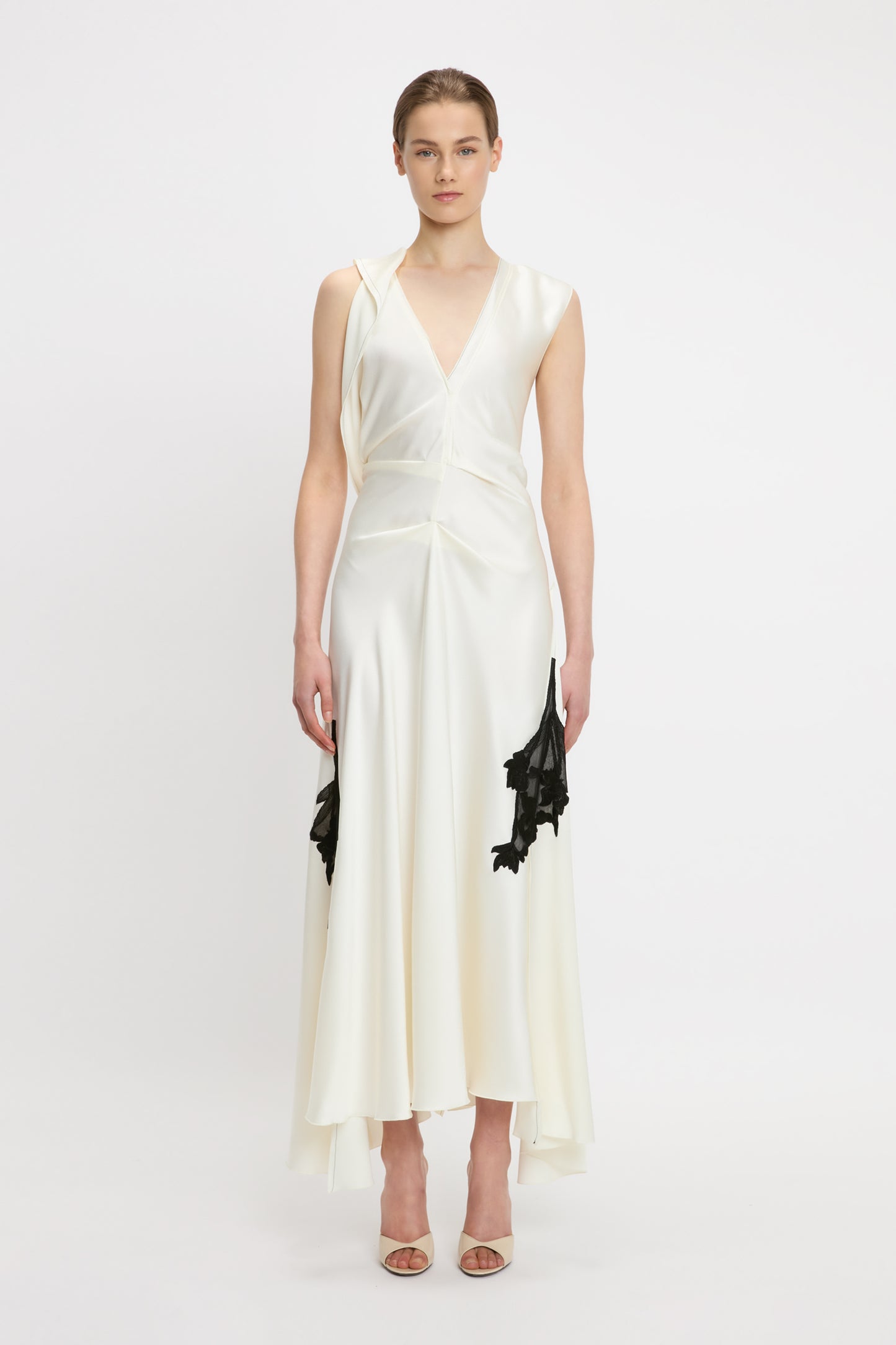 Draped Lace Detail Midi Dress In Ivory