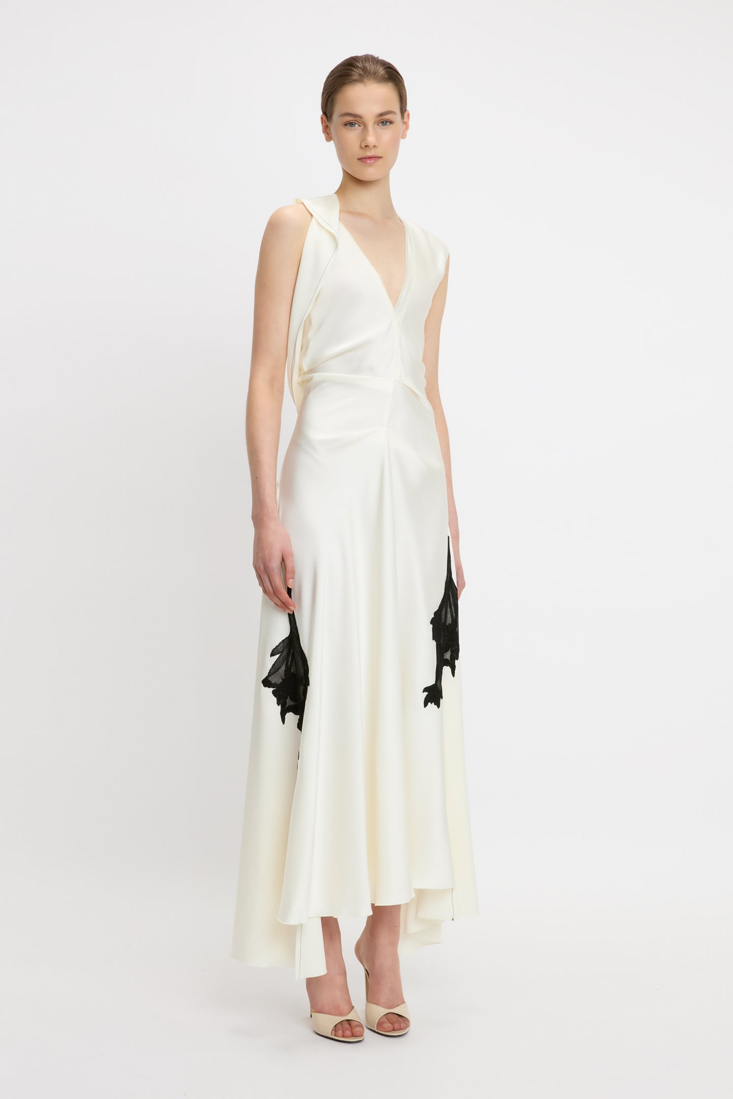 Draped Lace Detail Midi Dress In Ivory