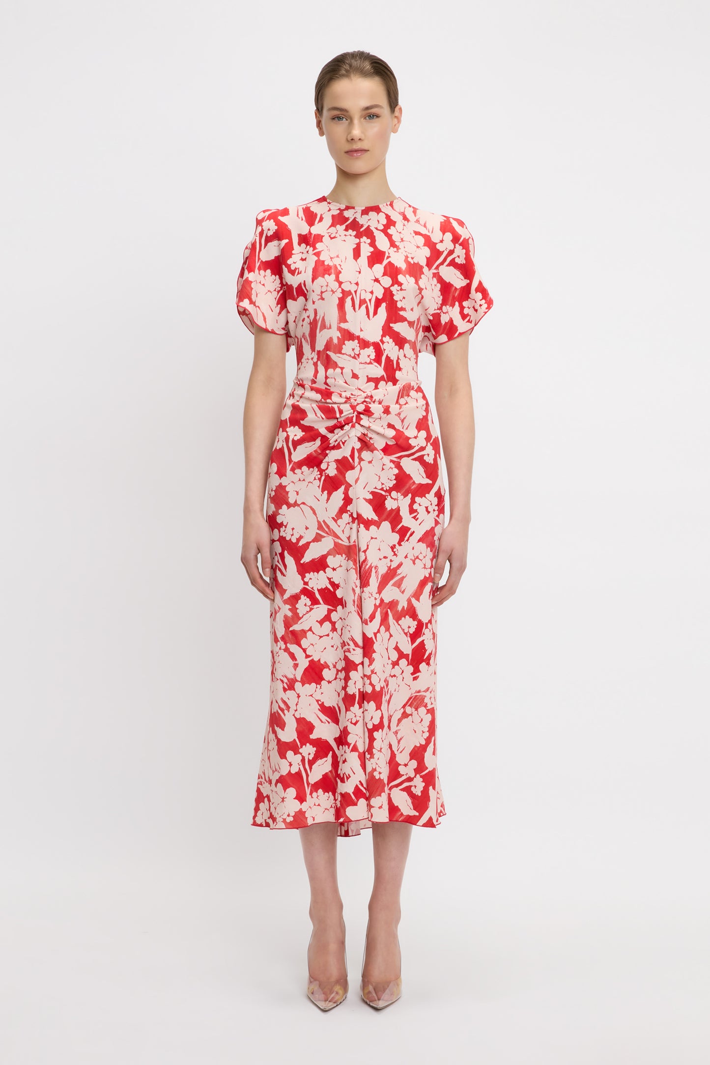 Gathered Waist Midi Dress In Chilli-Blush