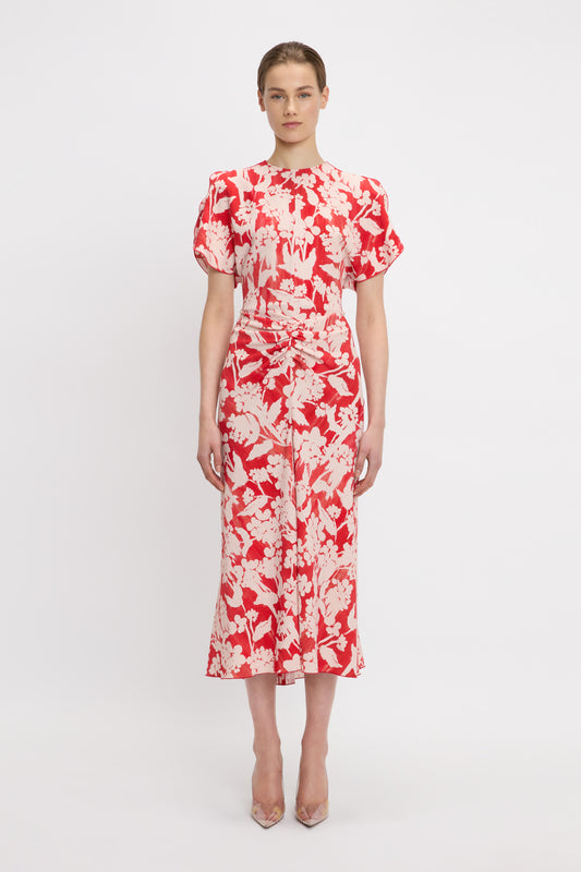 Gathered Waist Midi Dress In Chilli-Blush
