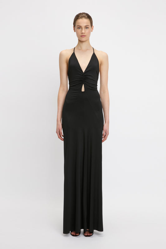 V-Neck Ruched Cami Gown In Black