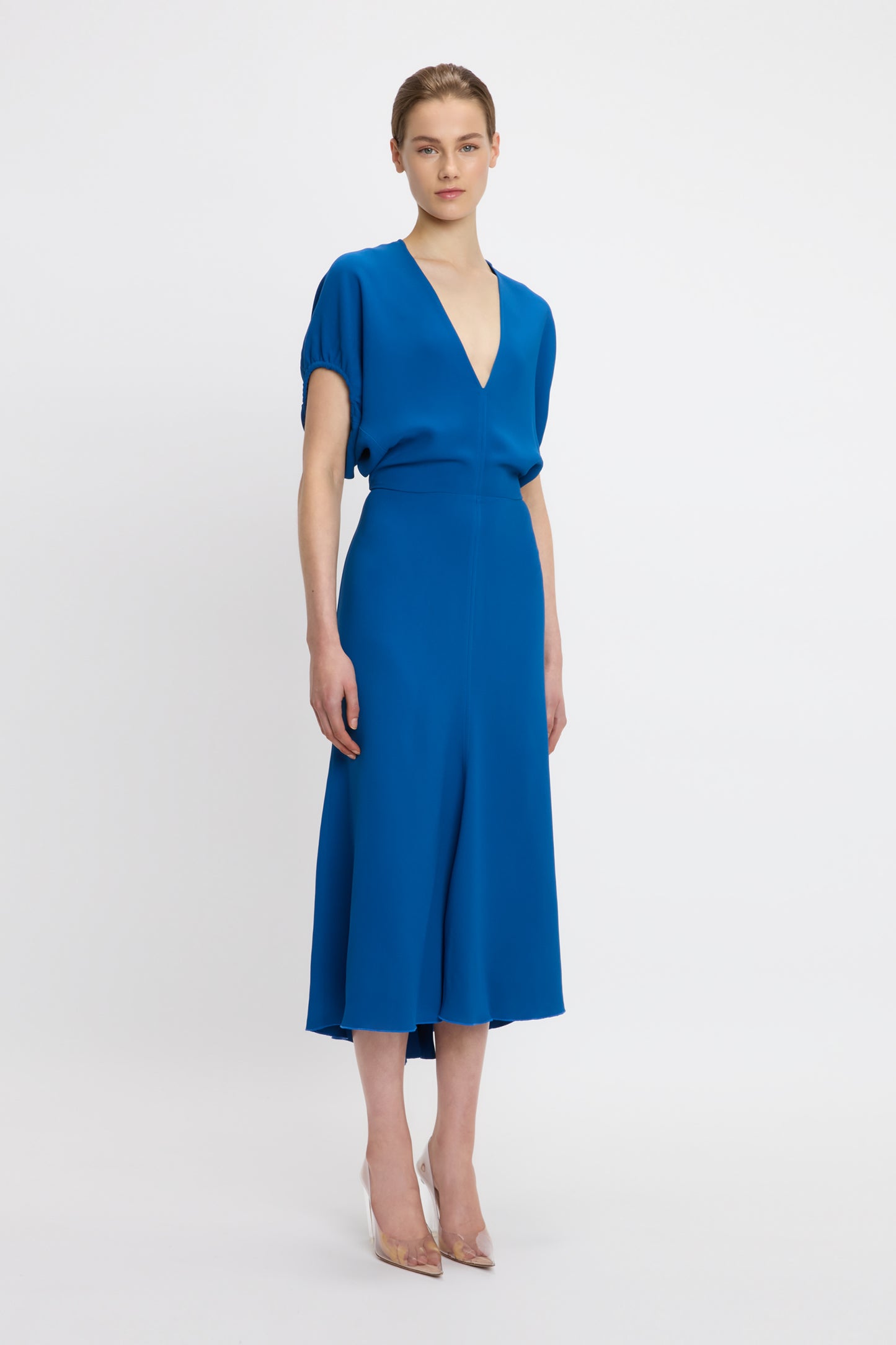 Blouson Detail Midi Dress In Sapphire Blue