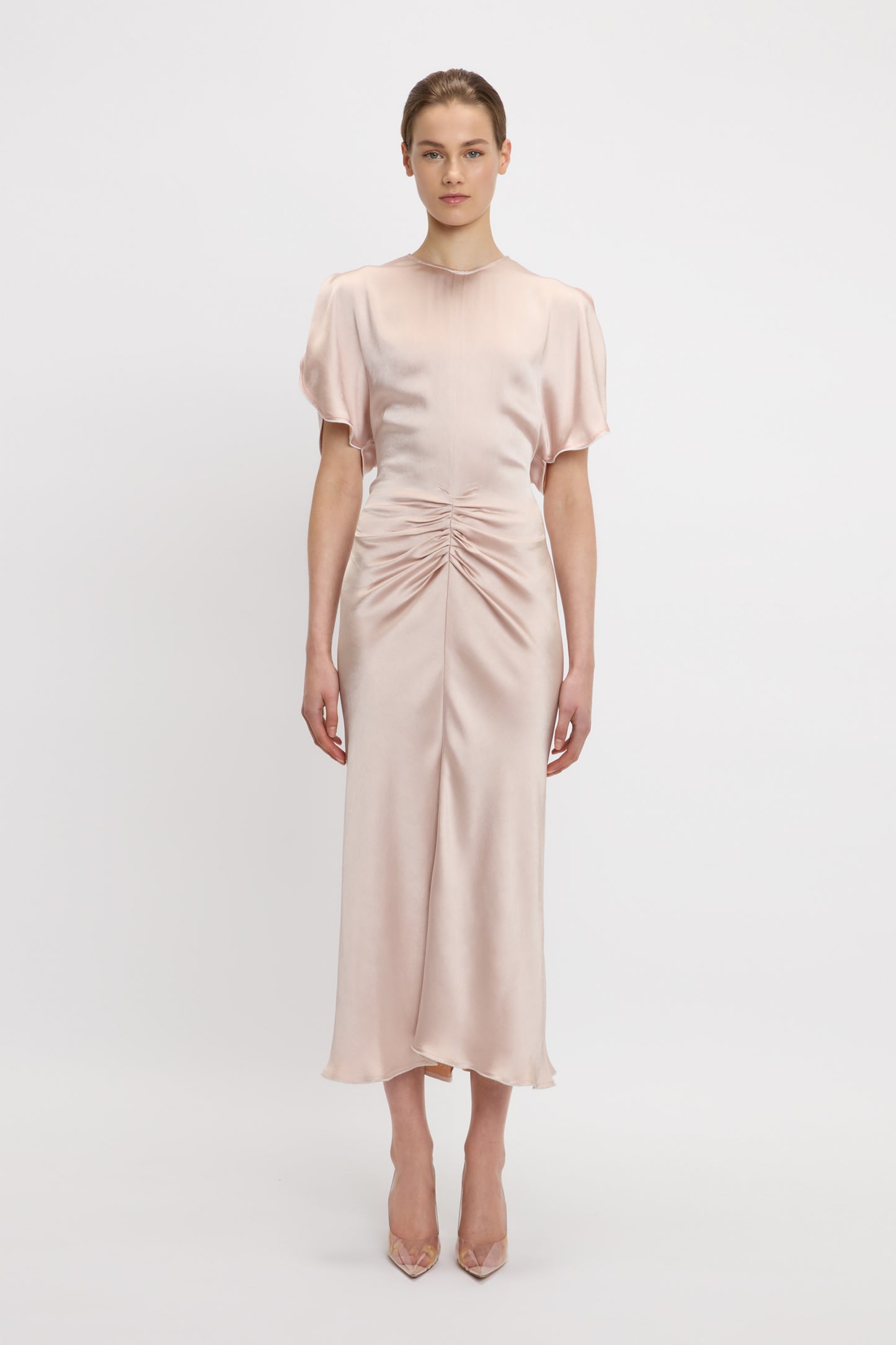 Gathered Waist Midi Dress In Blush-Apricot
