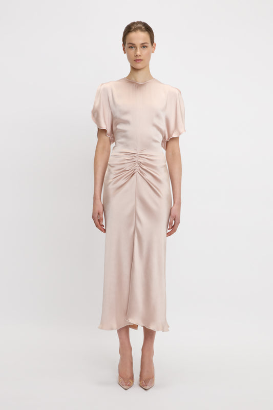 Gathered Waist Midi Dress In Blush-Apricot