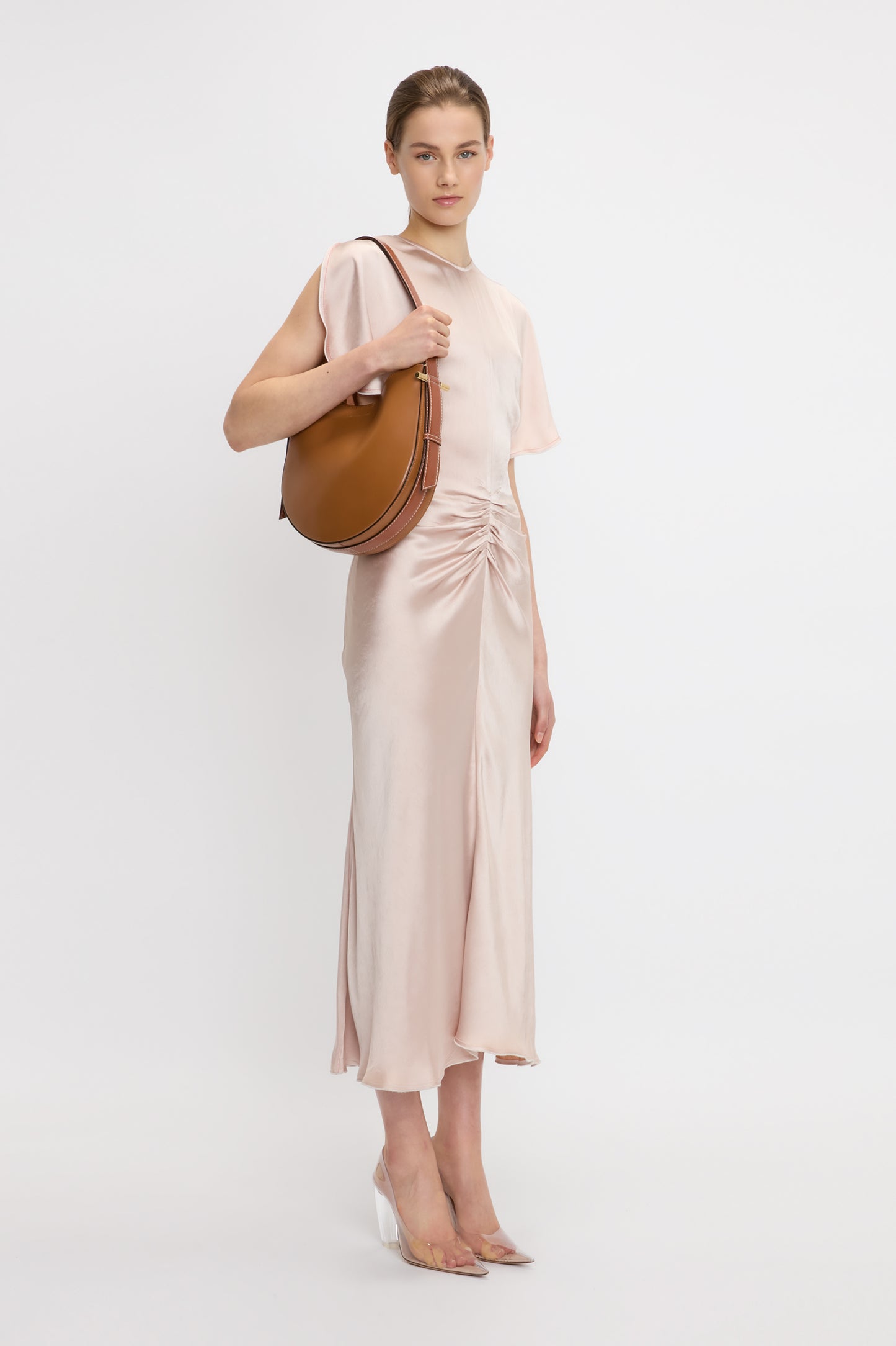 Gathered Waist Midi Dress In Blush-Apricot