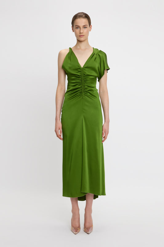 Asymmetric Ruched Detail Midi Dress In Algae