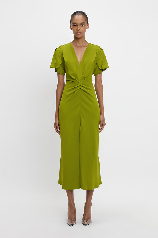 Gathered V-Neck Midi Dress In Parakeet