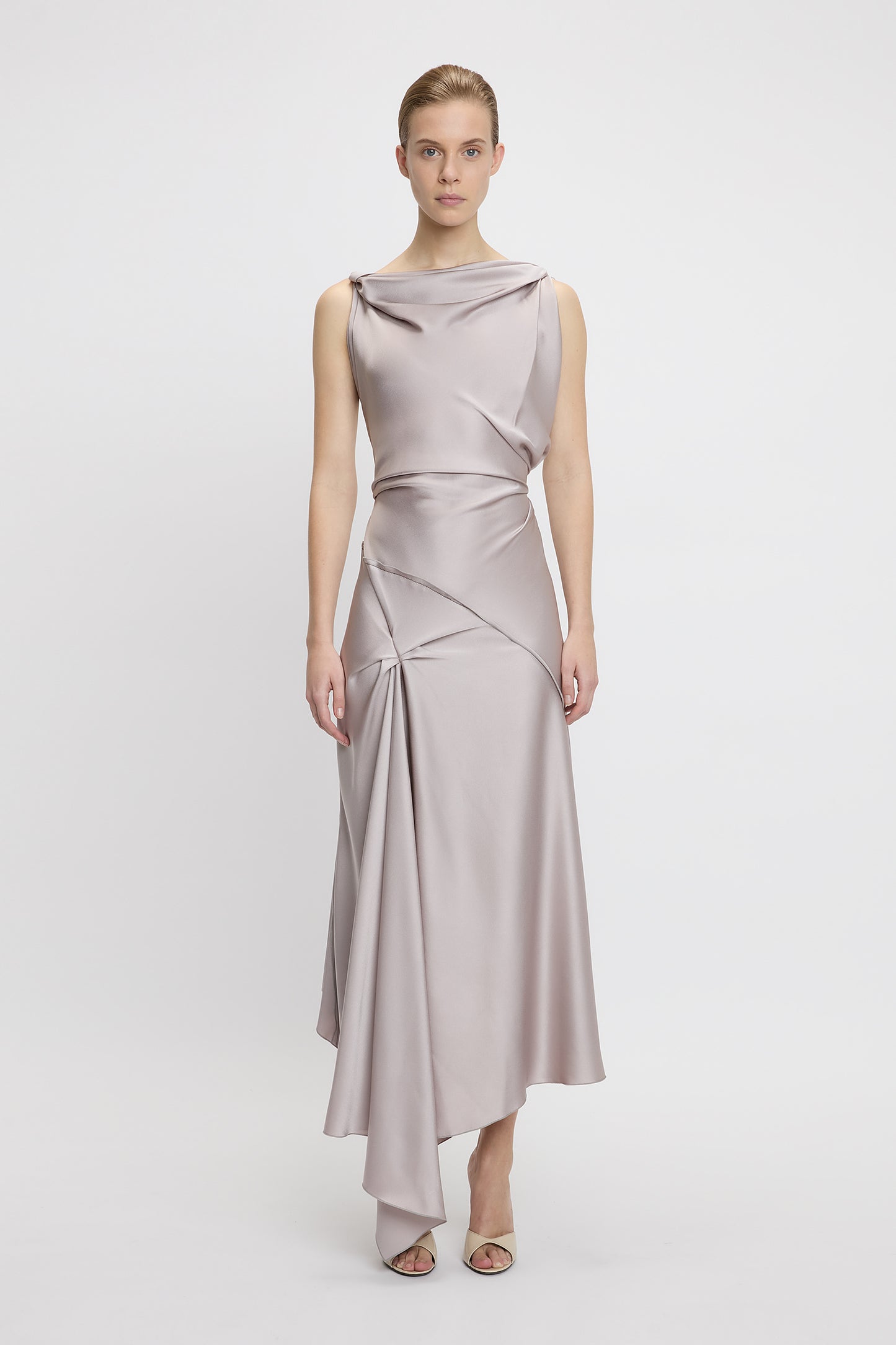 Asymmetric Draped Midi Dress In Heather