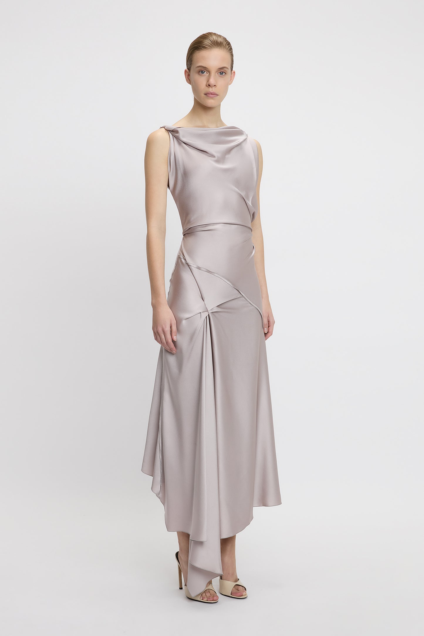 Asymmetric Draped Midi Dress In Heather