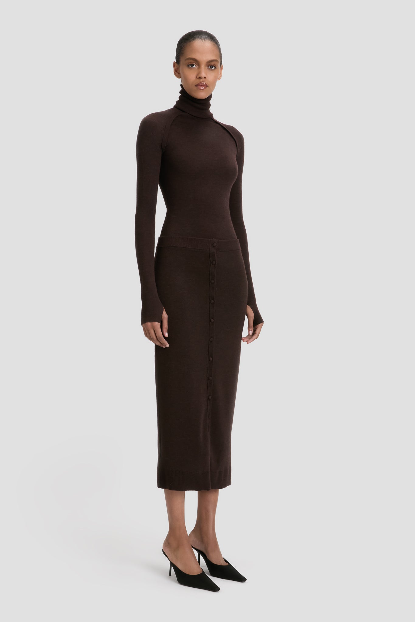 Button Detail Midi Skirt In Dark Chocolate
