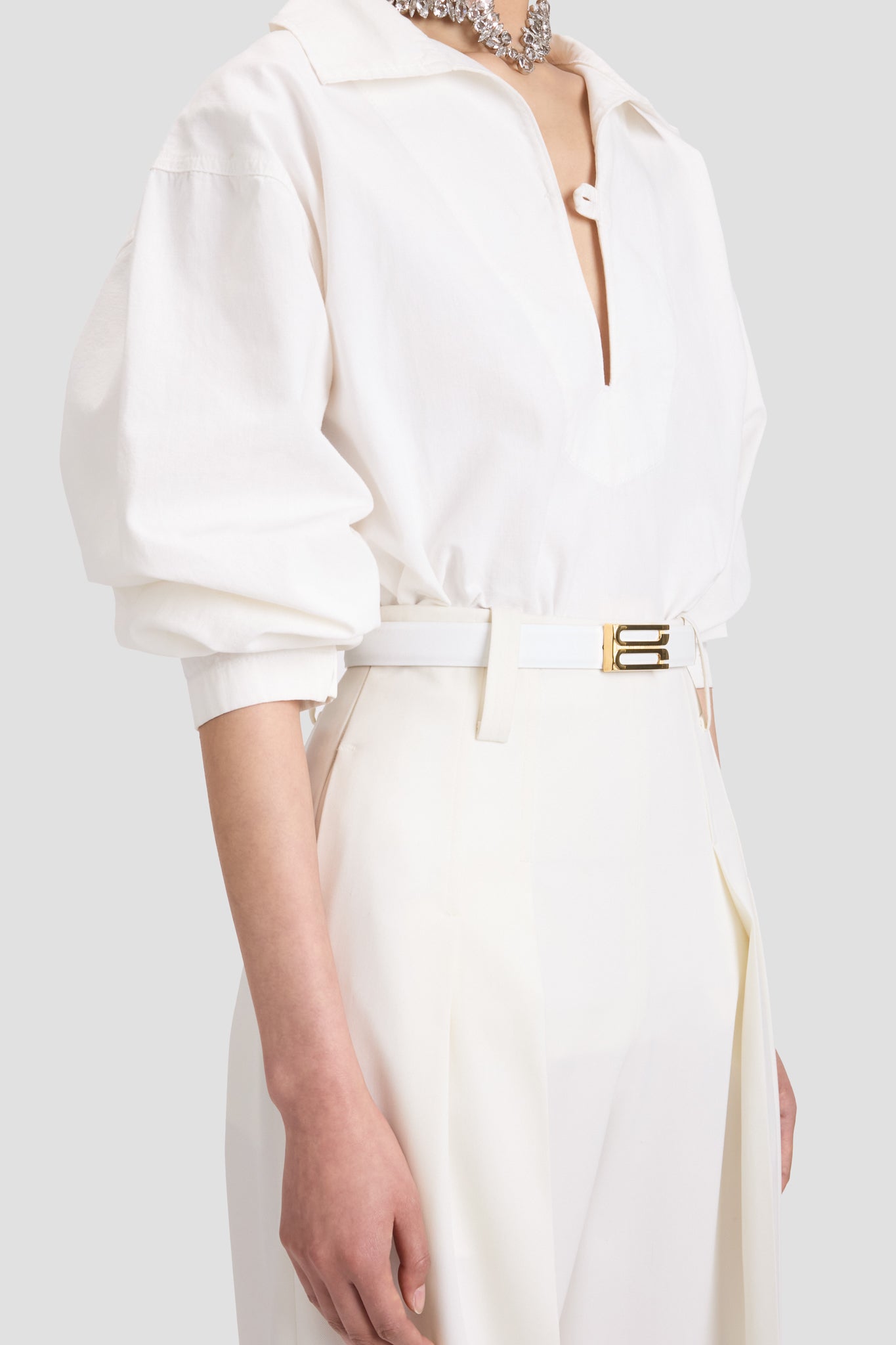 Tab Detail Denim Top In Washed White