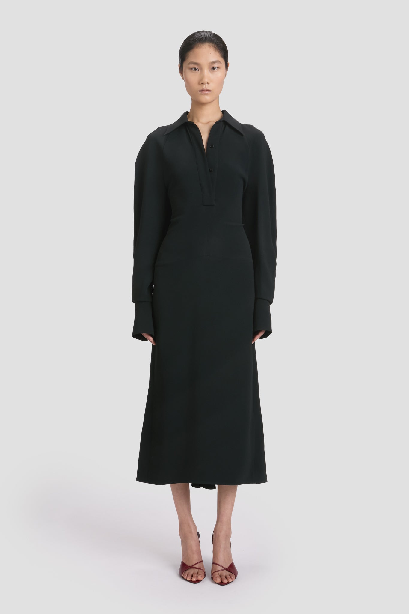Long Sleeve Polo Collar Midi Dress In Black