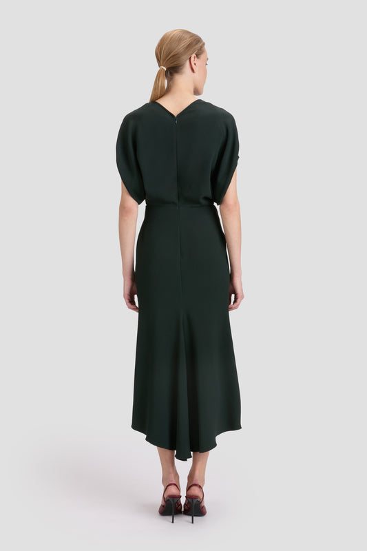 Folded Cap Sleeve Midi Dress In Peacock | Designer Dresses