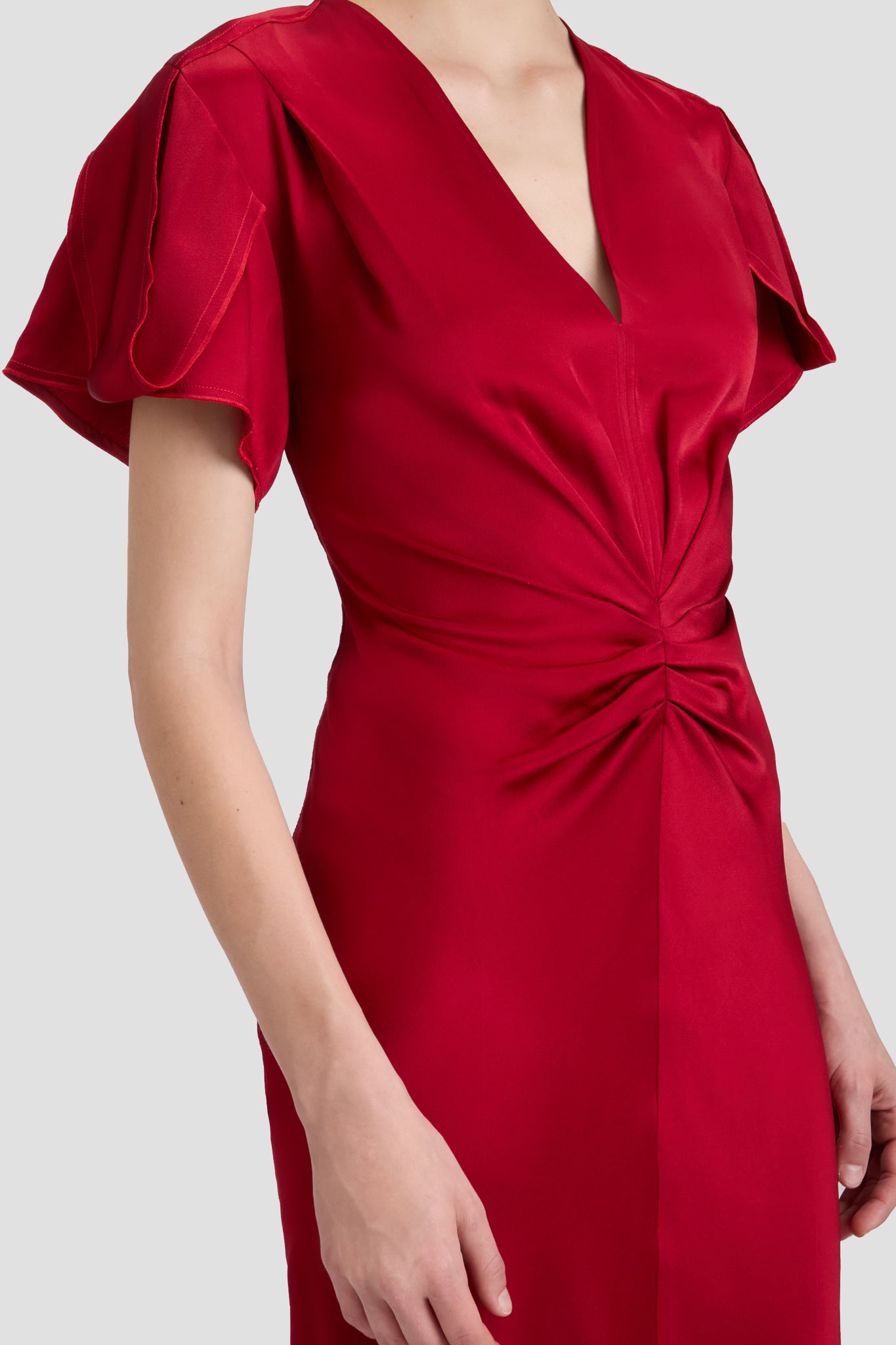 Gathered V-Neck Midi Dress In Rose