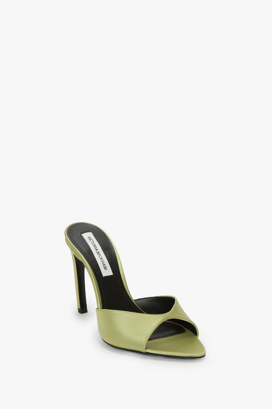Harlow Open Toe Mule In Pale Green Satin