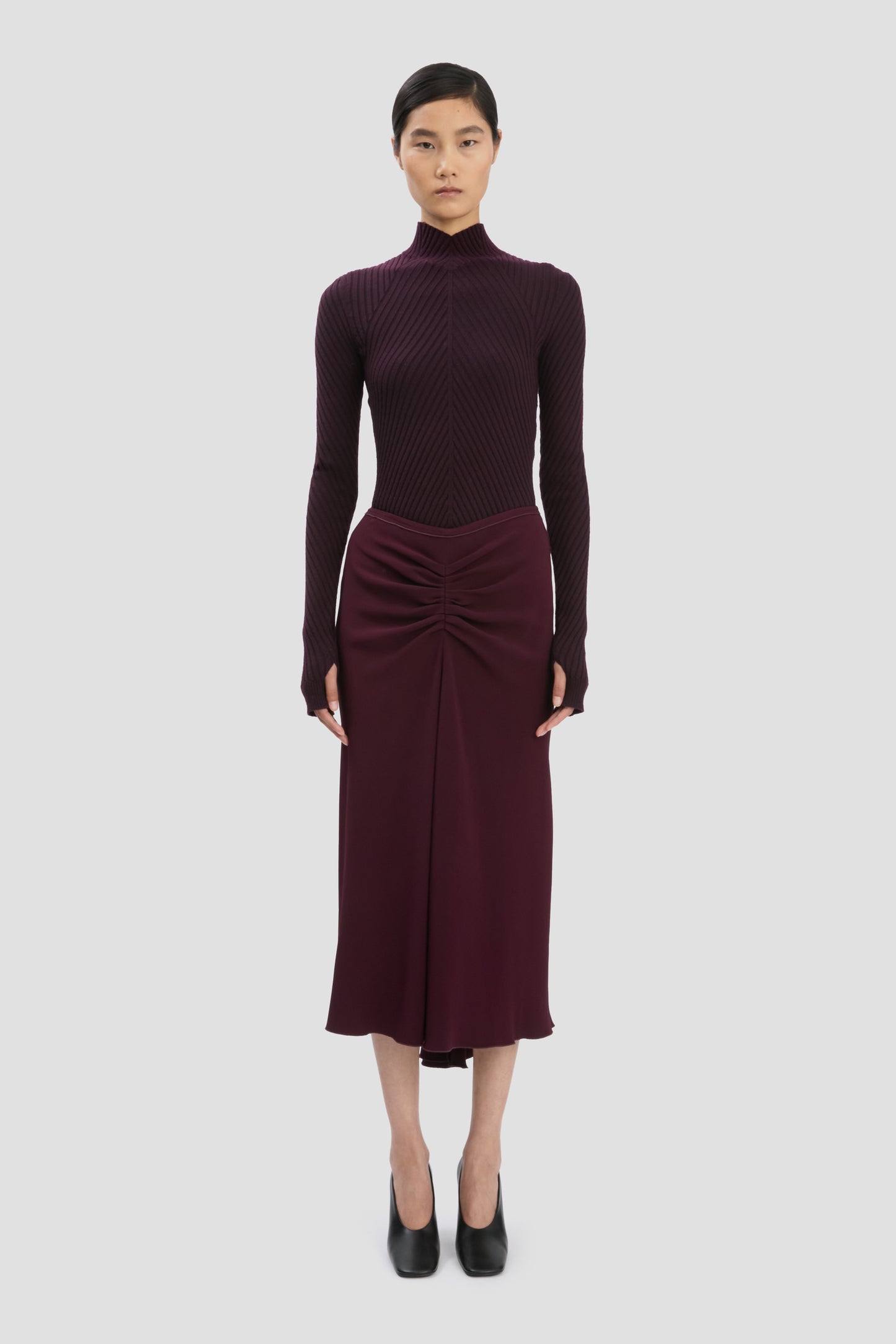 Ribbed Long Sleeve Knit Polo In Merlot